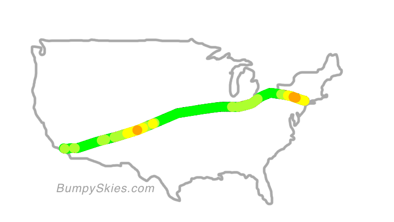 Map of continental US with illustrated flight path and turbulence forecast (described in text below)