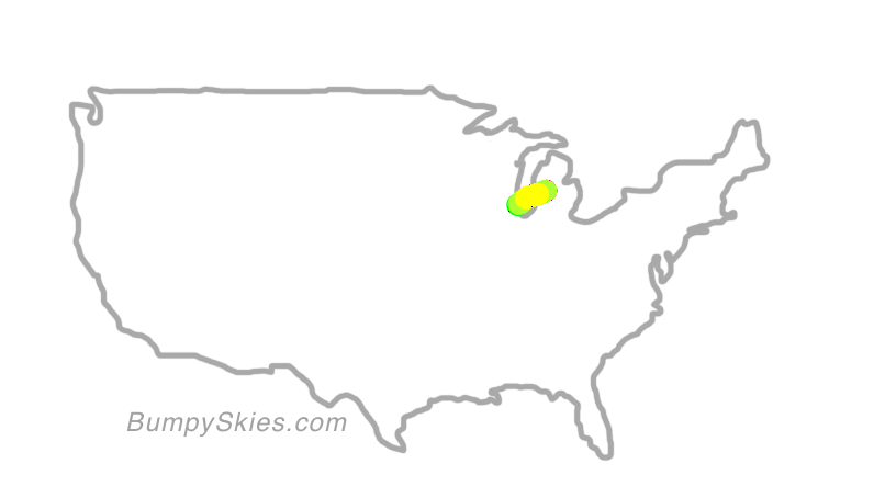 Map of continental US with illustrated flight path and turbulence forecast (described in text below)