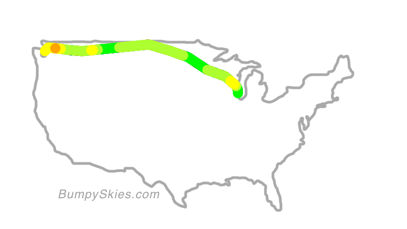 Map of continental US with illustrated flight path and turbulence forecast (described in text below)