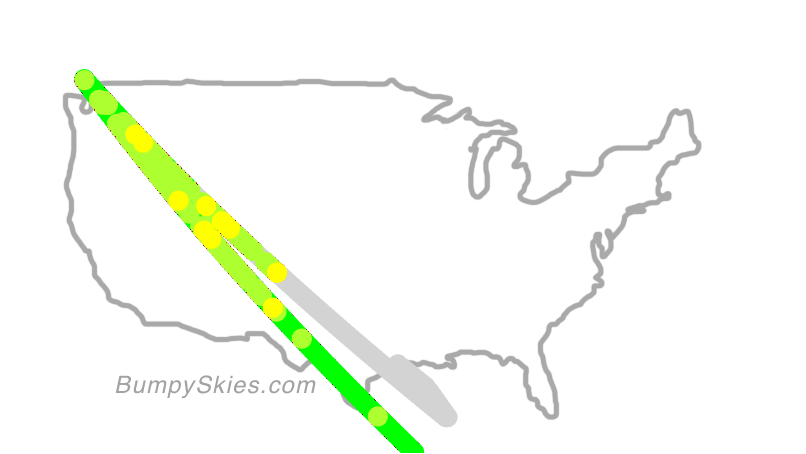 Map of continental US with illustrated flight path and turbulence forecast (described in text below)