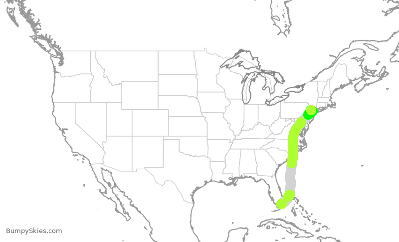 Turbulence forecast map for UAL2100, MIA to EWR