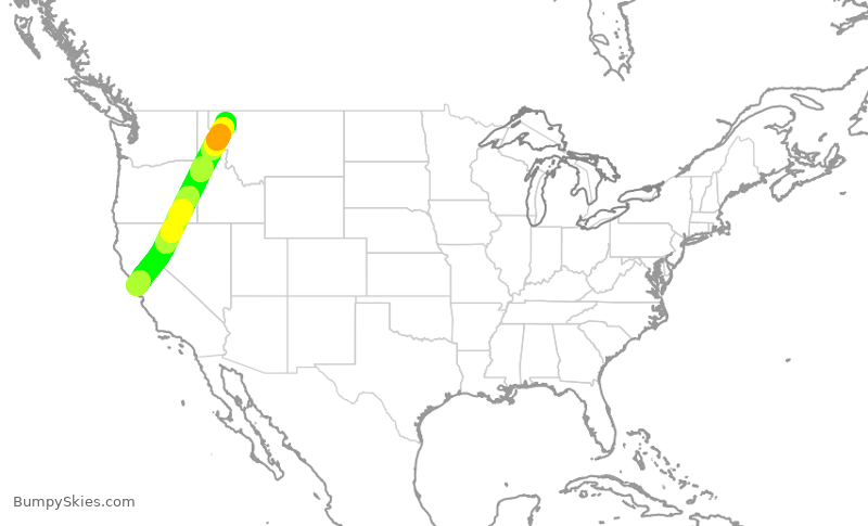 Turbulence forecast map for UAL2100, SFO to FCA
