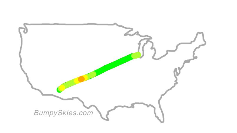 Map of continental US with illustrated flight path and turbulence forecast (described in text below)