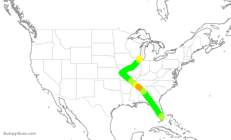 Turbulence forecast map for UAL2106, MIA to ORD