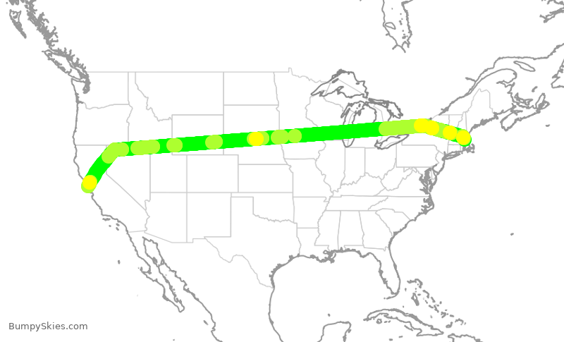 Turbulence forecast map for UAL2107, BOS to SFO