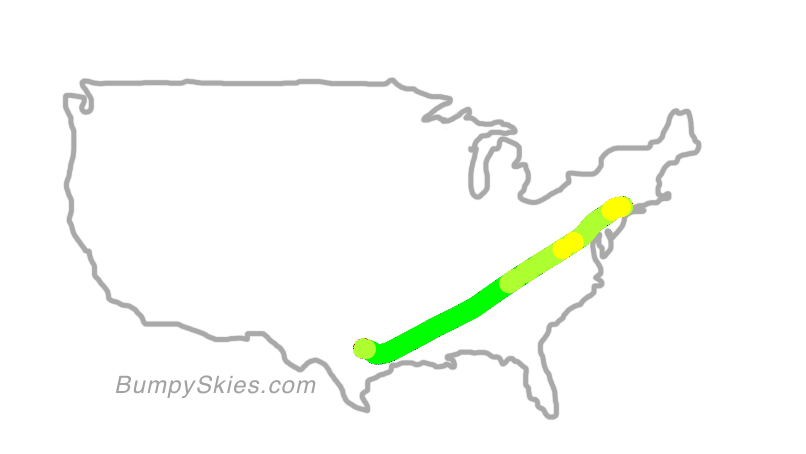 Map of continental US with illustrated flight path and turbulence forecast (described in text below)
