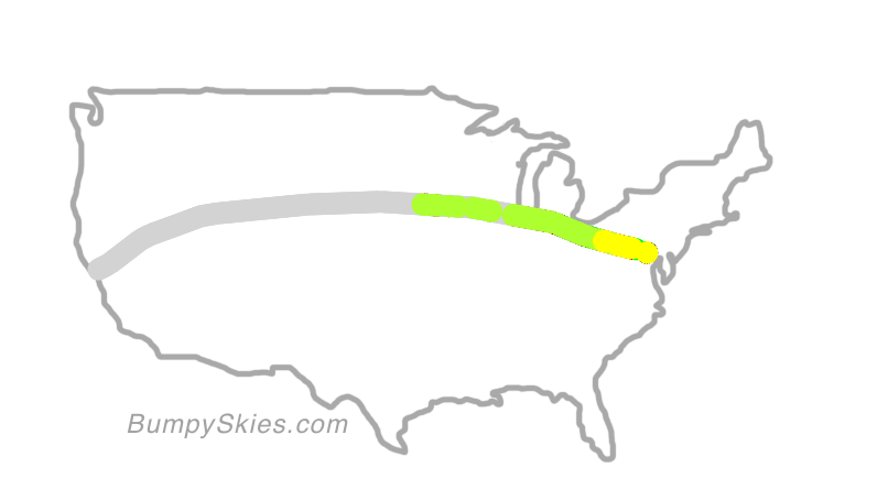 Map of continental US with illustrated flight path and turbulence forecast (described in text below)