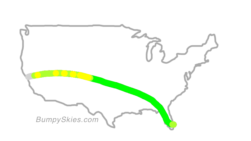Map of continental US with illustrated flight path and turbulence forecast (described in text below)