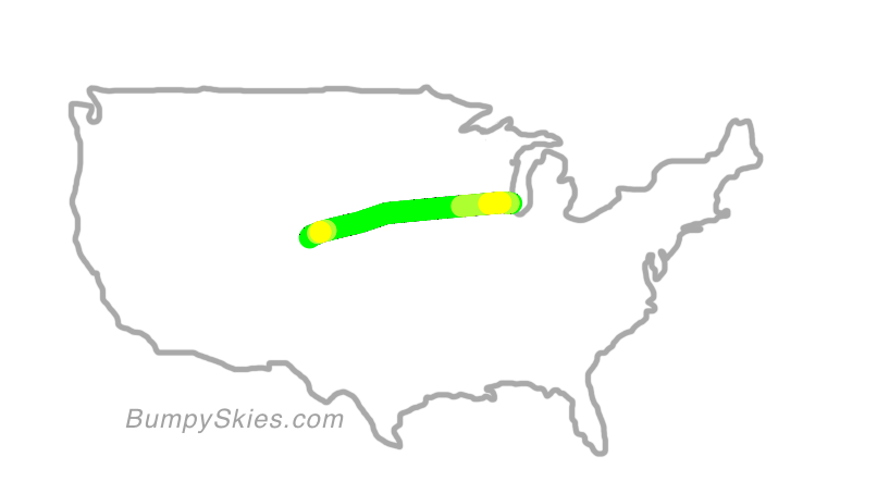 Map of continental US with illustrated flight path and turbulence forecast (described in text below)