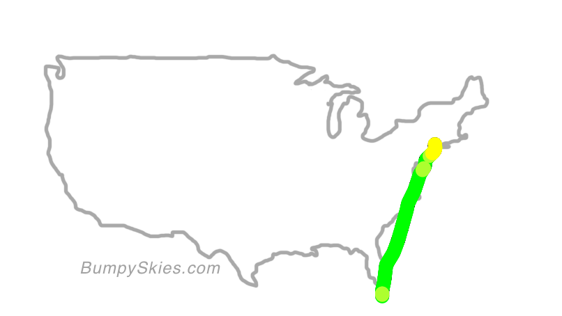 Map of continental US with illustrated flight path and turbulence forecast (described in text below)