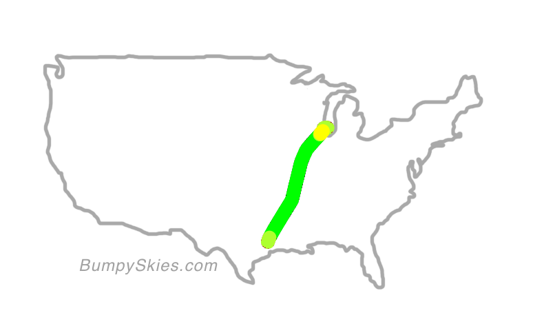 Map of continental US with illustrated flight path and turbulence forecast (described in text below)