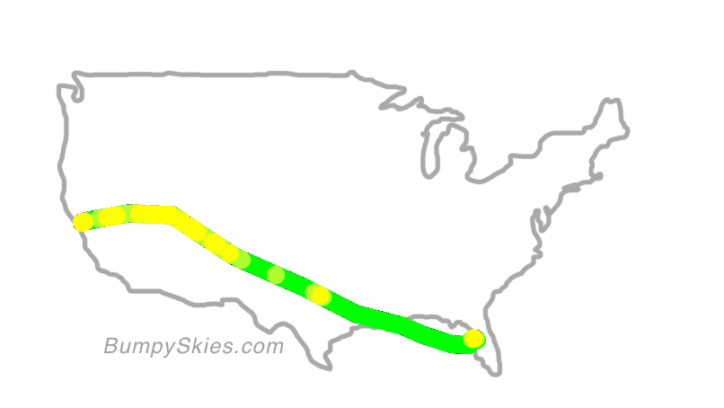 Map of continental US with illustrated flight path and turbulence forecast (described in text below)