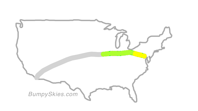 Map of continental US with illustrated flight path and turbulence forecast (described in text below)
