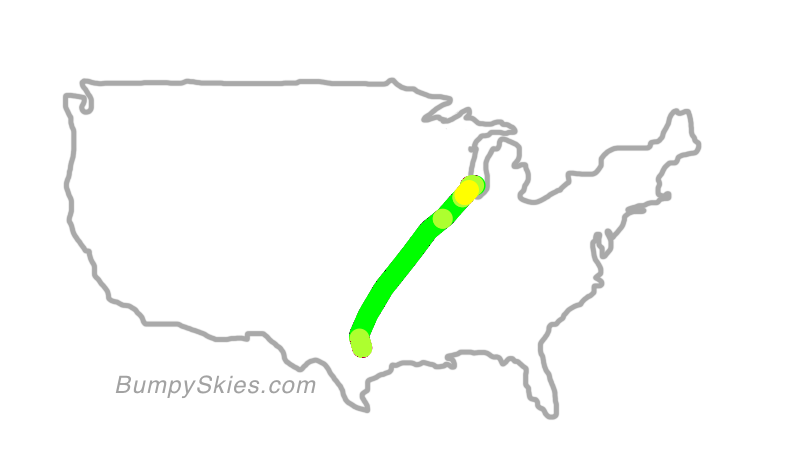 Map of continental US with illustrated flight path and turbulence forecast (described in text below)