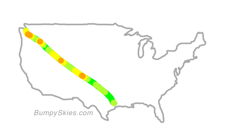 Map of continental US with illustrated flight path and turbulence forecast (described in text below)