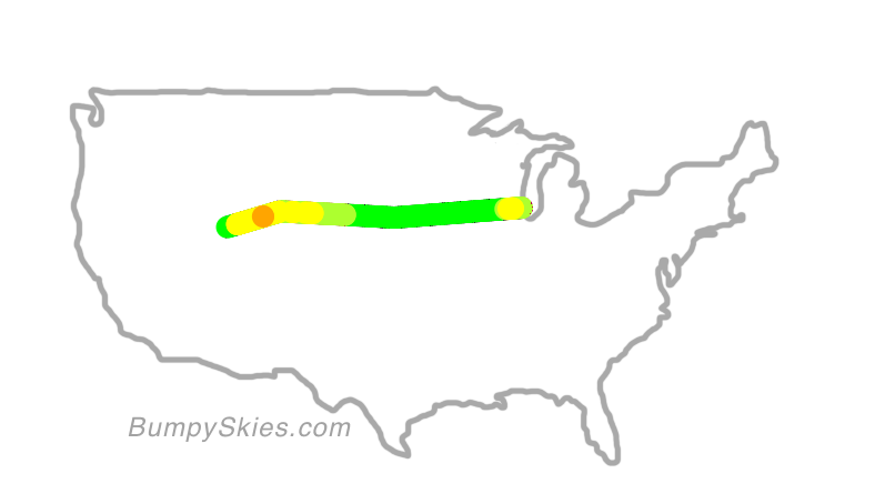 Map of continental US with illustrated flight path and turbulence forecast (described in text below)