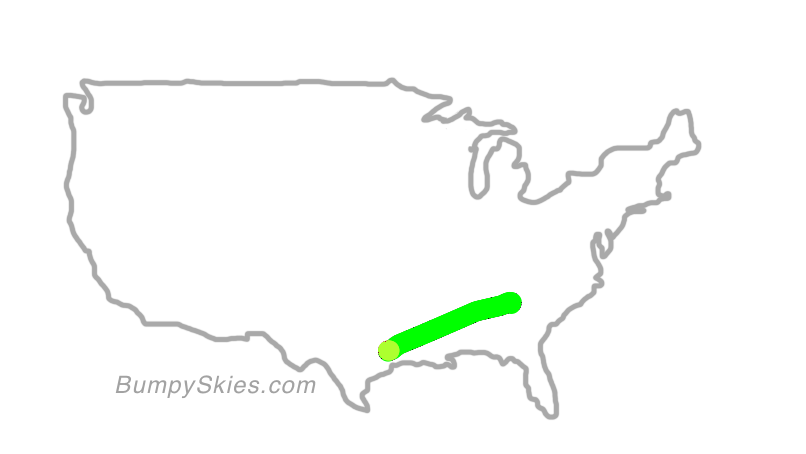 Map of continental US with illustrated flight path and turbulence forecast (described in text below)
