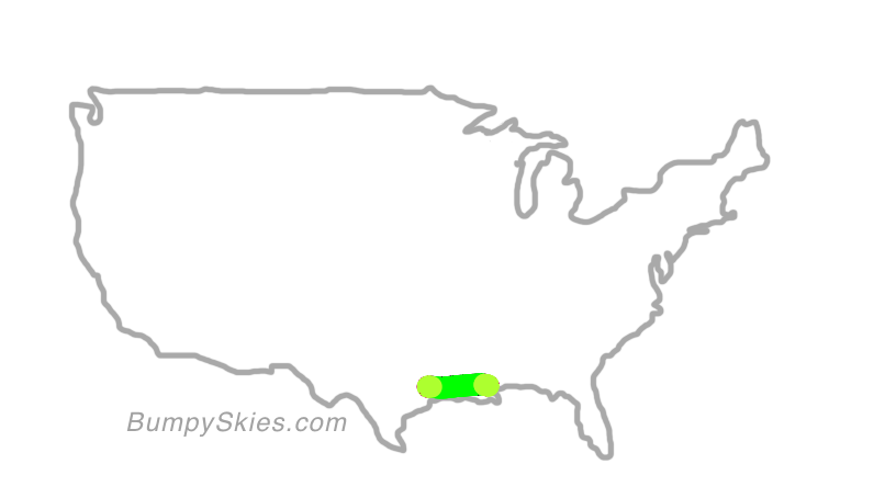 Map of continental US with illustrated flight path and turbulence forecast (described in text below)