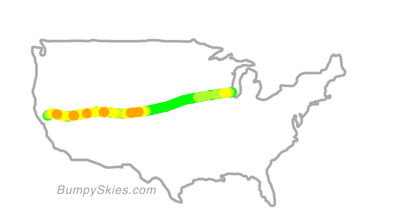 Map of continental US with illustrated flight path and turbulence forecast (described in text below)