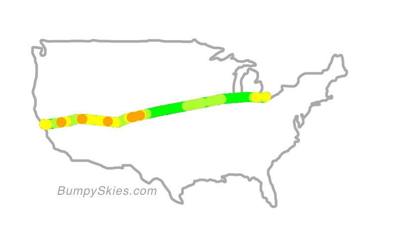Map of continental US with illustrated flight path and turbulence forecast (described in text below)