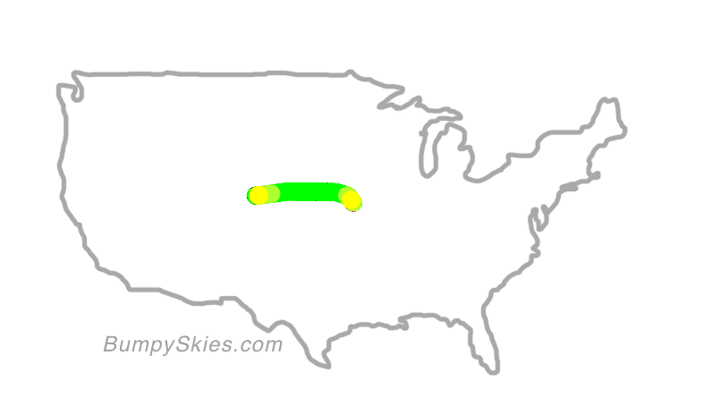 Map of continental US with illustrated flight path and turbulence forecast (described in text below)