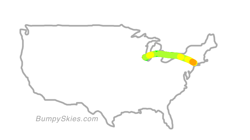 Map of continental US with illustrated flight path and turbulence forecast (described in text below)