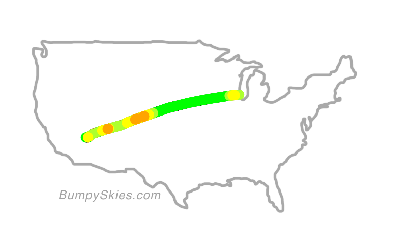 Map of continental US with illustrated flight path and turbulence forecast (described in text below)