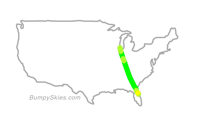 Map of continental US with illustrated flight path and turbulence forecast (described in text below)