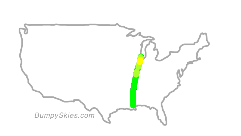 Map of continental US with illustrated flight path and turbulence forecast (described in text below)