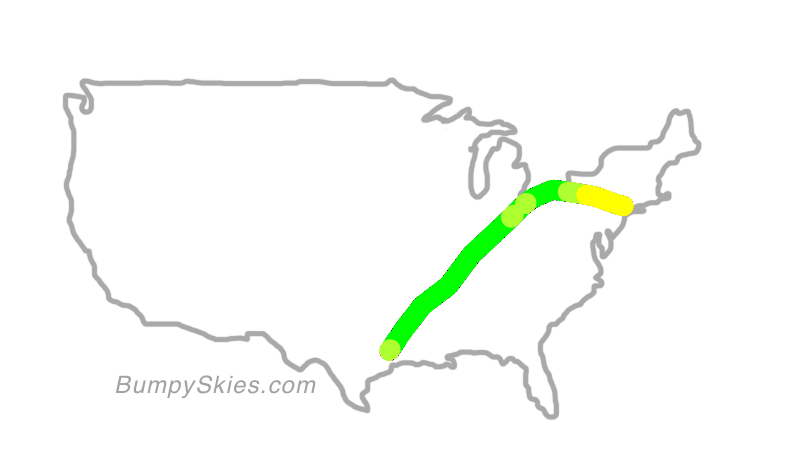 Map of continental US with illustrated flight path and turbulence forecast (described in text below)