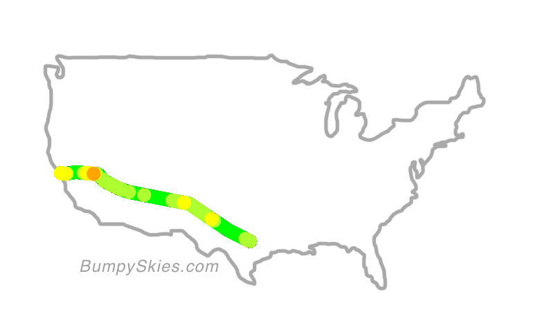 Map of continental US with illustrated flight path and turbulence forecast (described in text below)