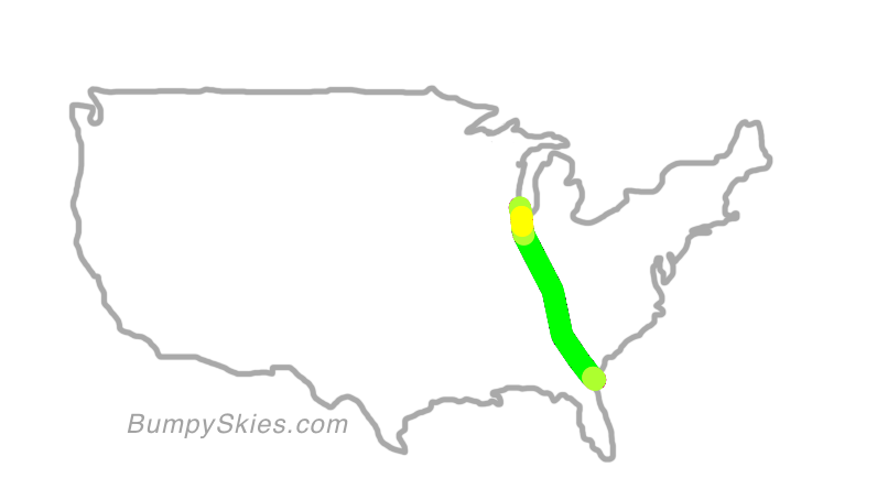 Map of continental US with illustrated flight path and turbulence forecast (described in text below)