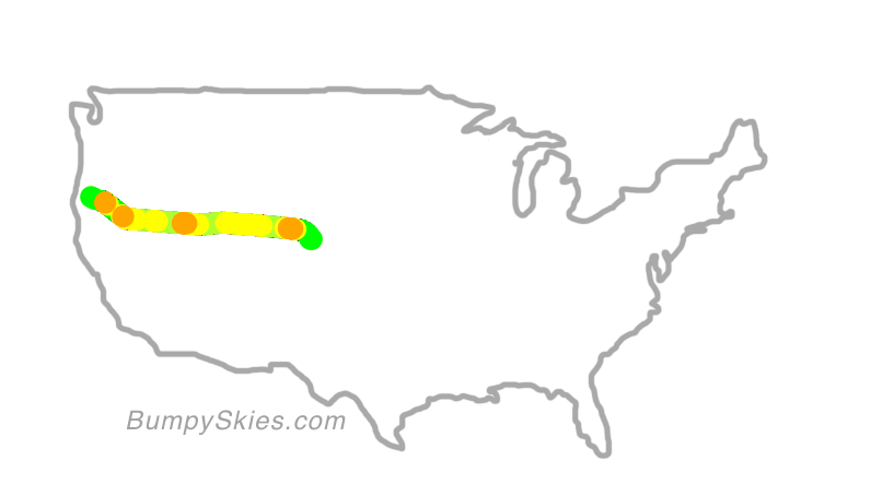 Map of continental US with illustrated flight path and turbulence forecast (described in text below)