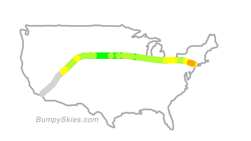 Map of continental US with illustrated flight path and turbulence forecast (described in text below)