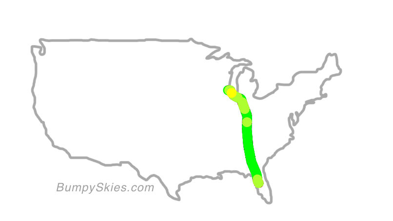 Map of continental US with illustrated flight path and turbulence forecast (described in text below)