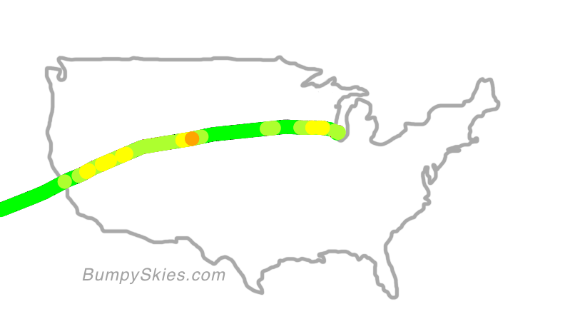 Map of continental US with illustrated flight path and turbulence forecast (described in text below)