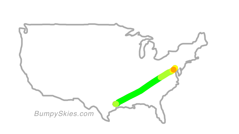Map of continental US with illustrated flight path and turbulence forecast (described in text below)