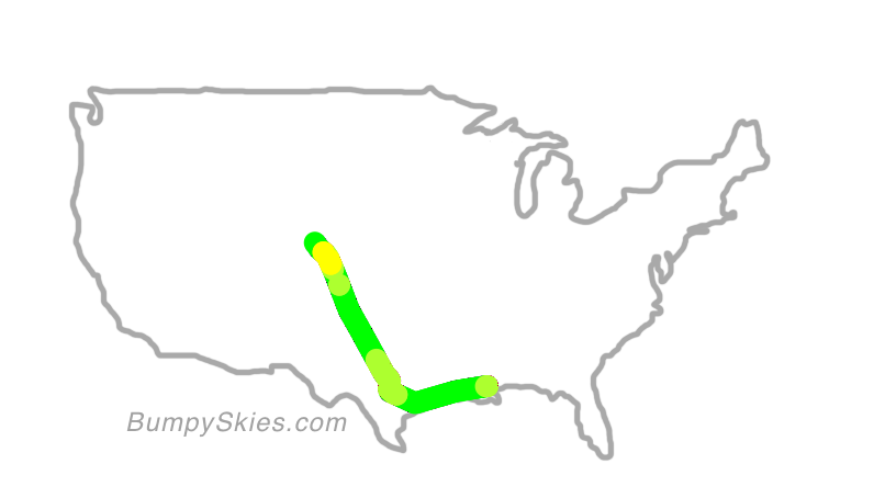 Map of continental US with illustrated flight path and turbulence forecast (described in text below)