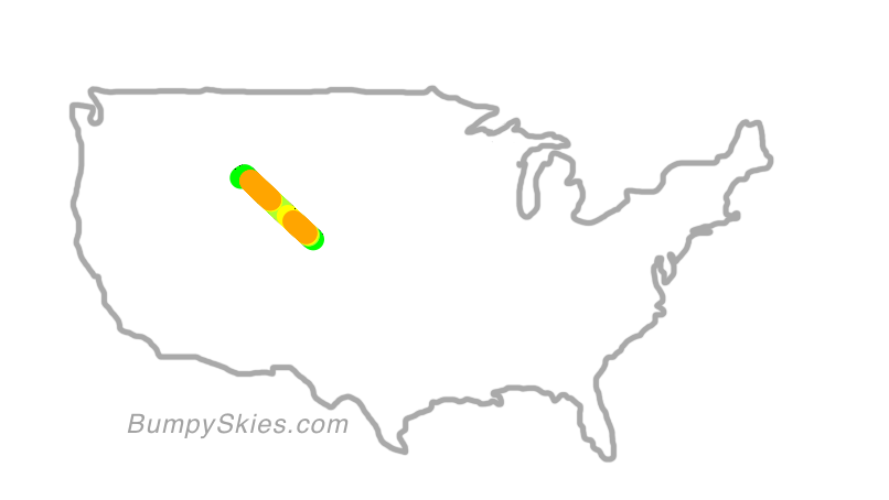 Map of continental US with illustrated flight path and turbulence forecast (described in text below)