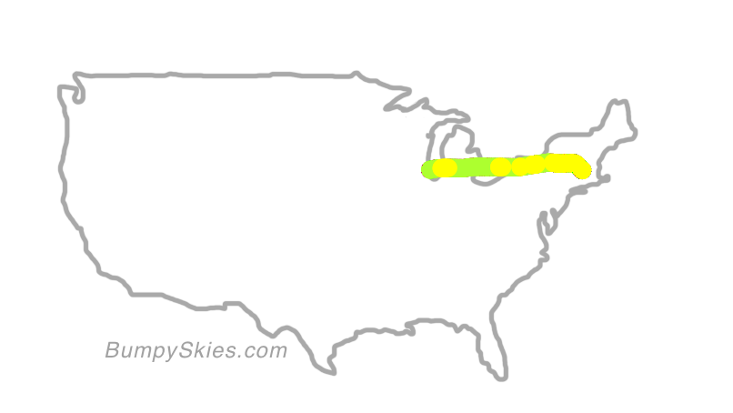 Map of continental US with illustrated flight path and turbulence forecast (described in text below)