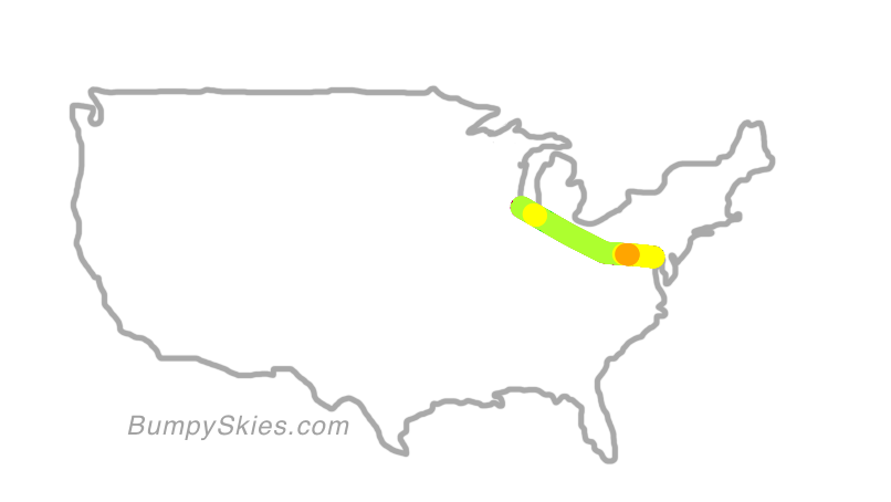 Map of continental US with illustrated flight path and turbulence forecast (described in text below)