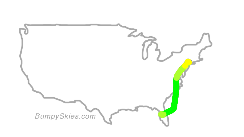 Map of continental US with illustrated flight path and turbulence forecast (described in text below)