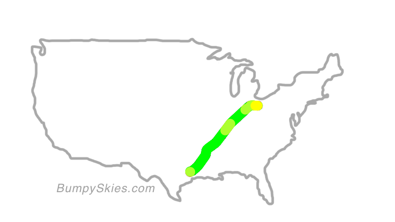Map of continental US with illustrated flight path and turbulence forecast (described in text below)