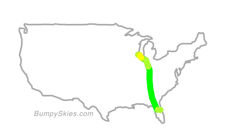 Map of continental US with illustrated flight path and turbulence forecast (described in text below)