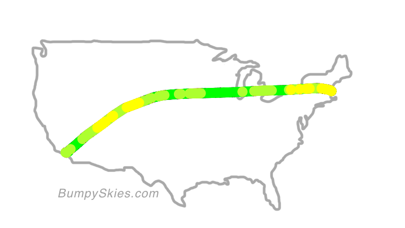Map of continental US with illustrated flight path and turbulence forecast (described in text below)