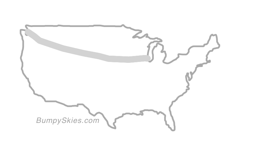 Map of continental US with illustrated flight path and turbulence forecast (described in text below)