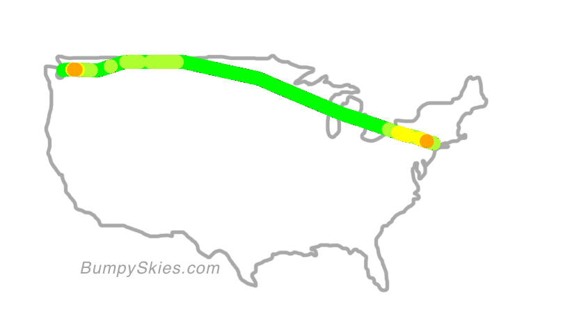 Map of continental US with illustrated flight path and turbulence forecast (described in text below)
