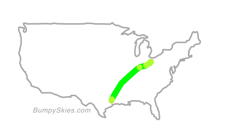 Map of continental US with illustrated flight path and turbulence forecast (described in text below)
