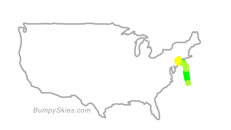 Map of continental US with illustrated flight path and turbulence forecast (described in text below)