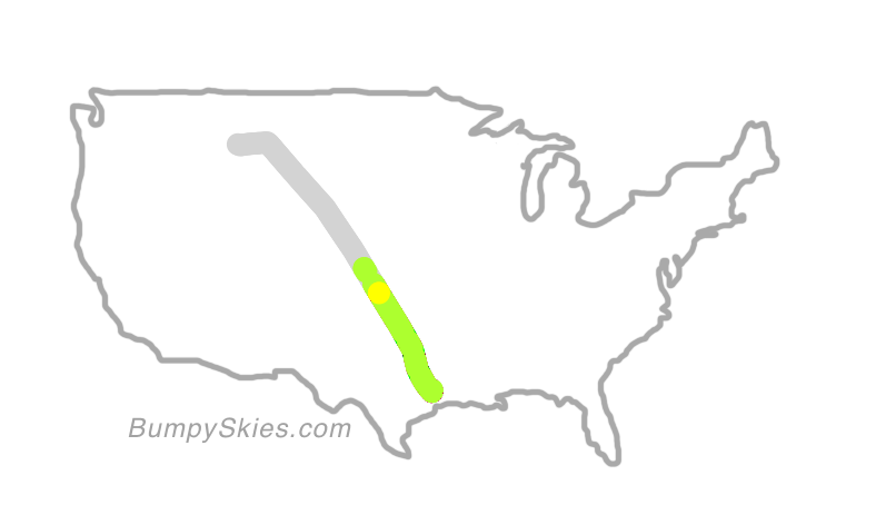 Map of continental US with illustrated flight path and turbulence forecast (described in text below)